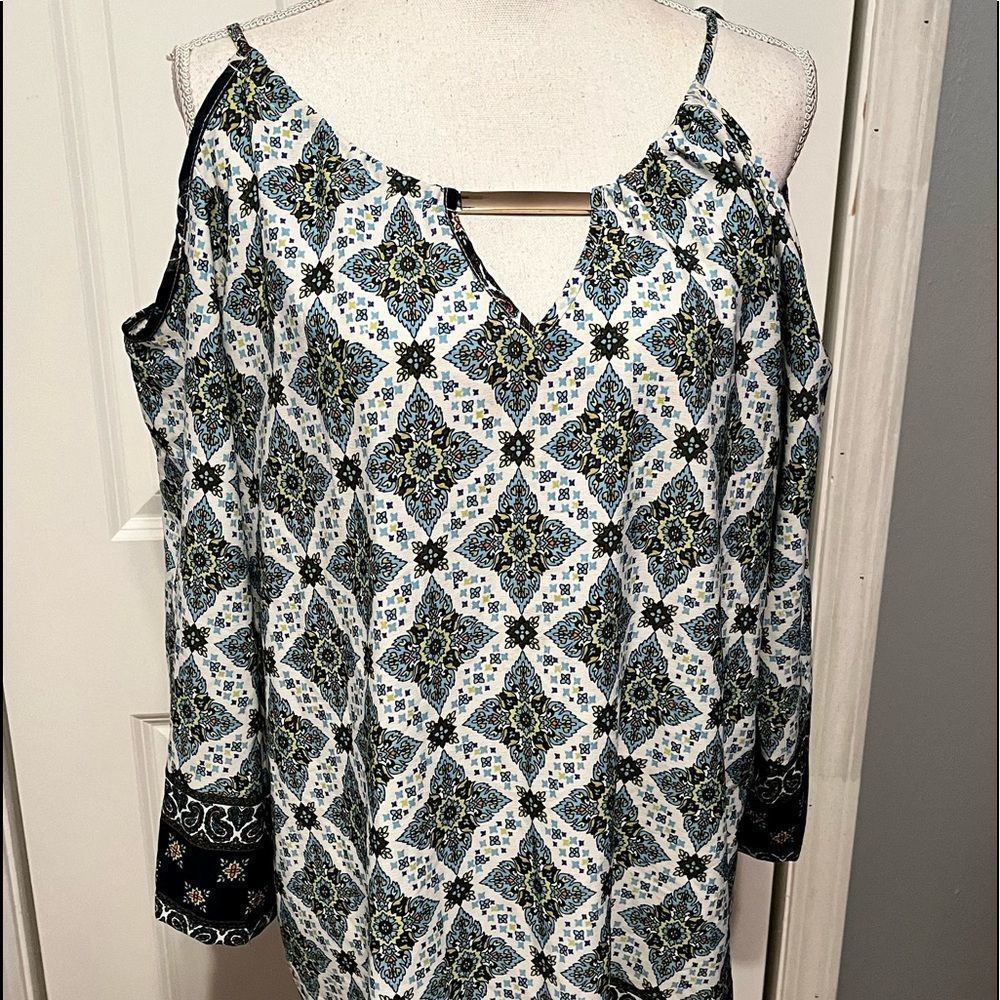 1X Mileage Cold Shoulder Blue Print Top